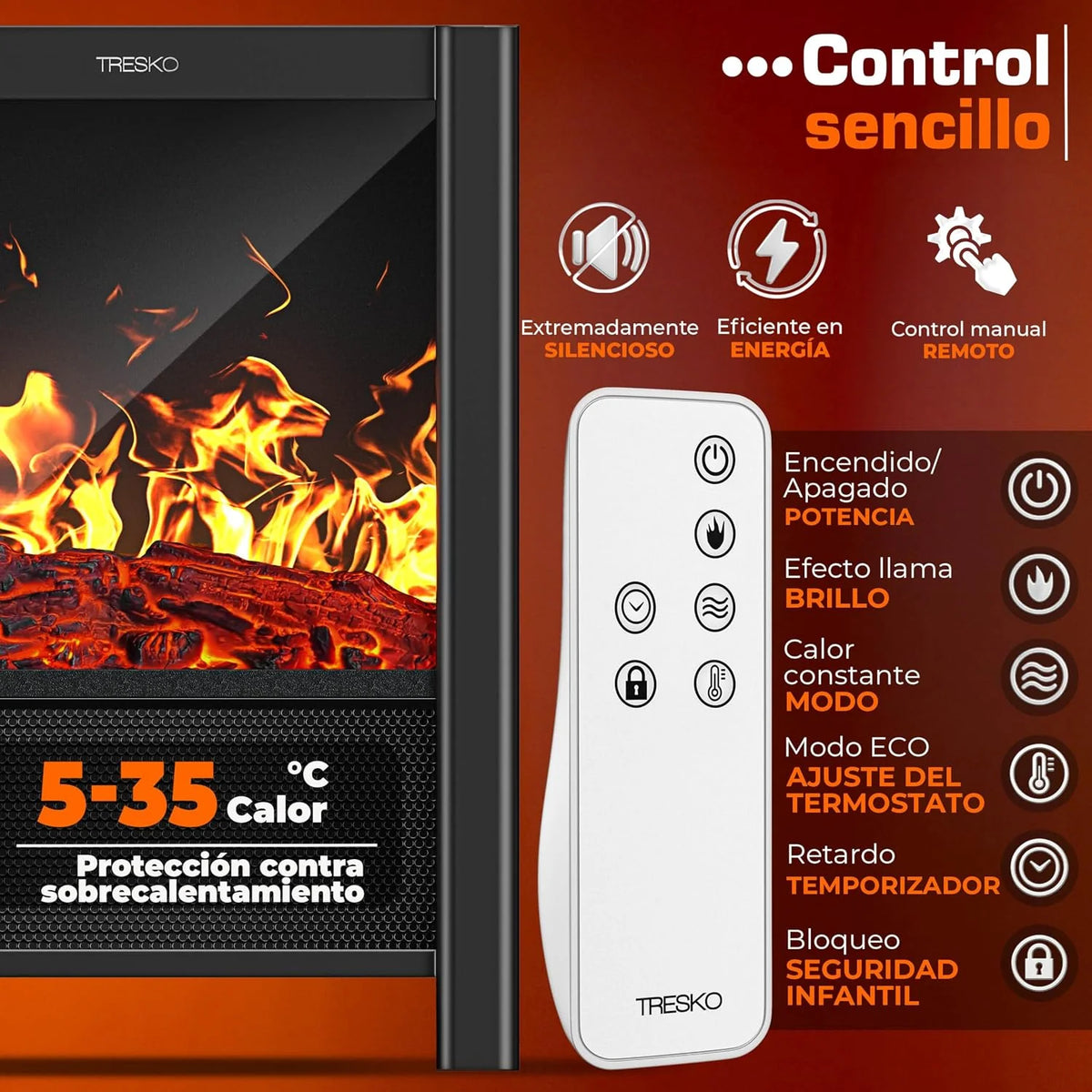 TRESKO Electric Fireplace Heating 2000 W, Smart Home WiFi App & Control | Electric Stove with LED Flame Effect and LCD Display | Electric Fireplace with Thermostat | Ventilated Heating