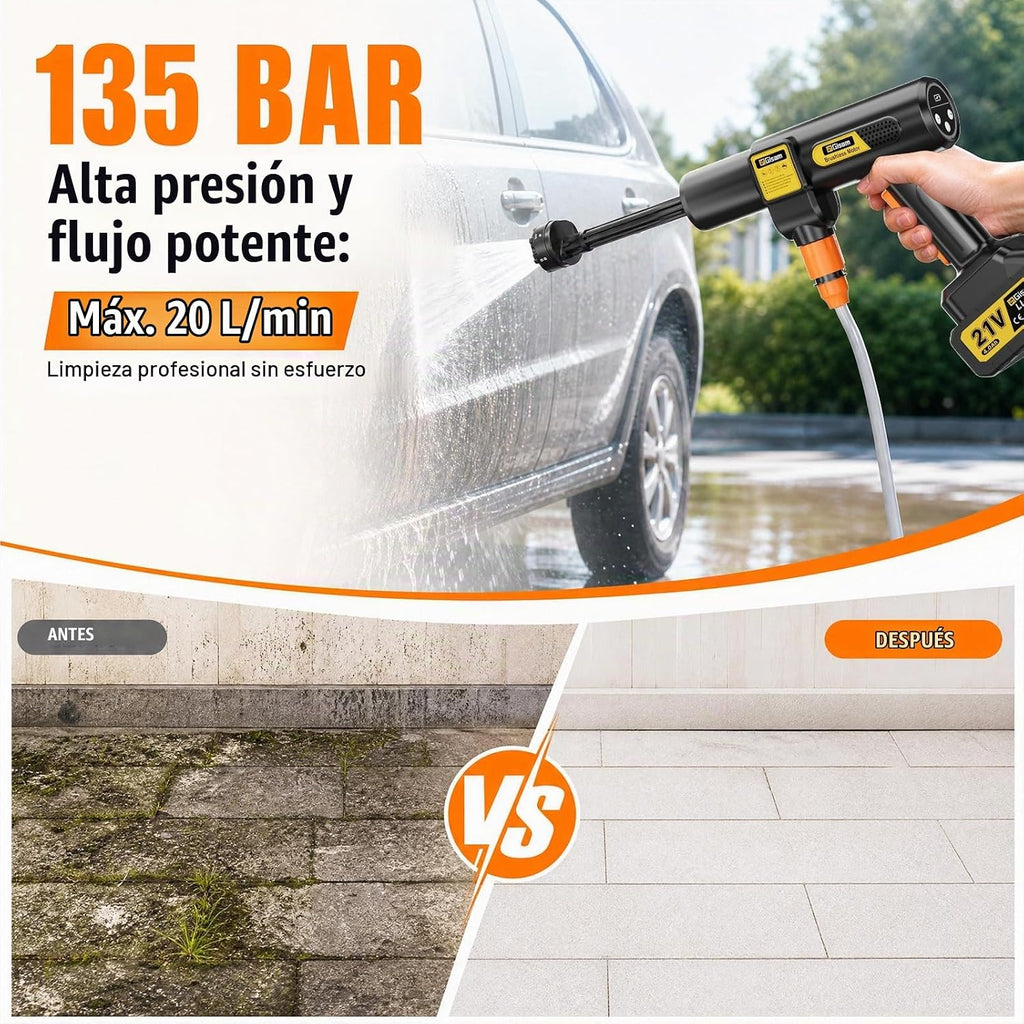 Hidrolimpiadora de Alta Presión, Motor Sin Escobillas 3000W 3 Modos, 135Bar 20L/Min, Limpiador Móvil con 2 Baterías 4.0Ah, Boquilla 6 En 1 Giratoria 180°, para Limpieza De Coches Y Hogar (ororo)