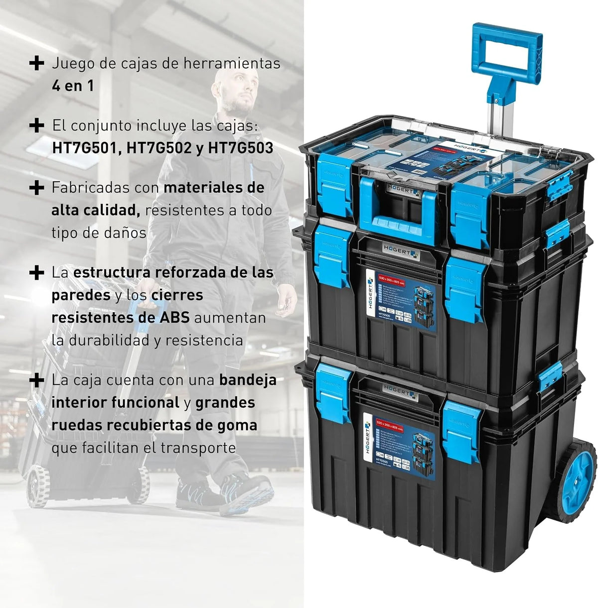 Högert Technik - Set de Cajas 4 en 1 HT7G500, Caja Herramientas con Ruedas, Resistente a Daños, Maletin Herramientas a Prueba de Polvo, Cierres Robustos de ABS, Estructura Modular