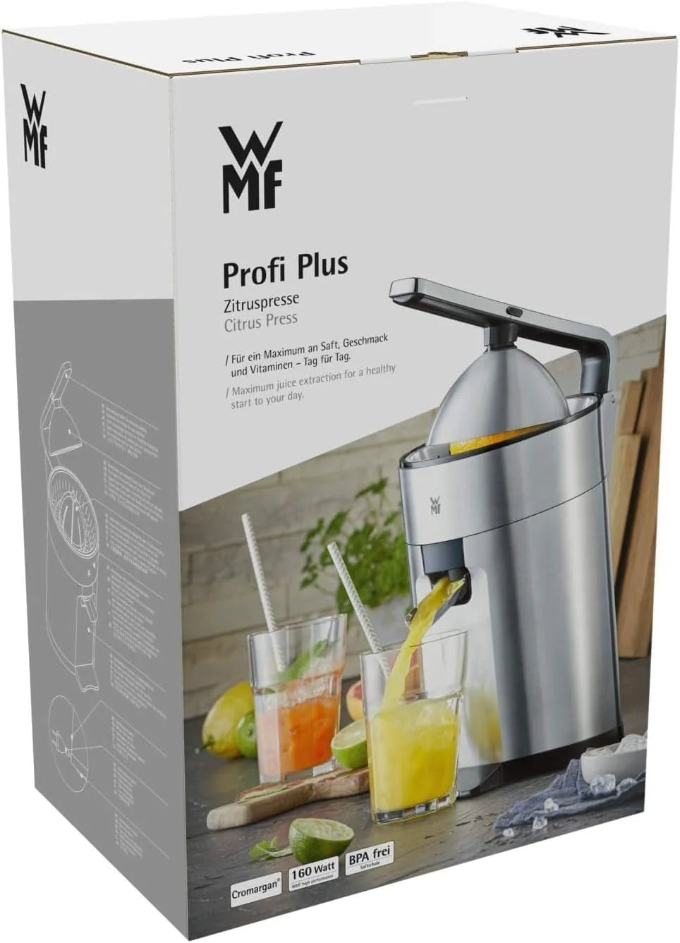 WMF Profi Plus - Exprimidor Eléctrico de Palanca, 1000 W,Ideal para Cítricos , Acero Inoxidable Cromargan, Exprimidor de Naranjas, Directo al Vaso, Apto Lavavajillas