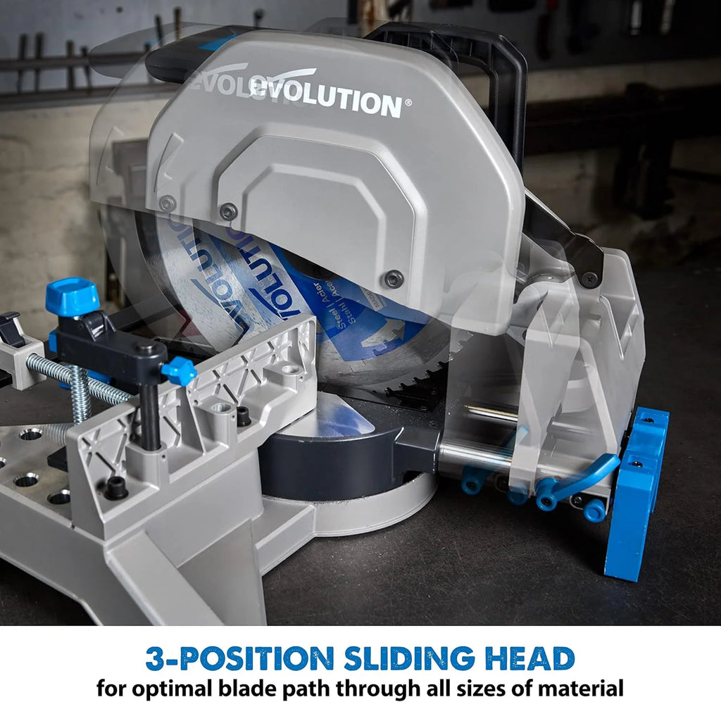 Evolution Power Tools S355MCS Sierra Tronzadora/Ingletadora | Sierra de Corte| Rango de inglete +/- 46˚ | 355 mm Sierra Ingletadora para corte de metal de 230 V en tareas pesadas