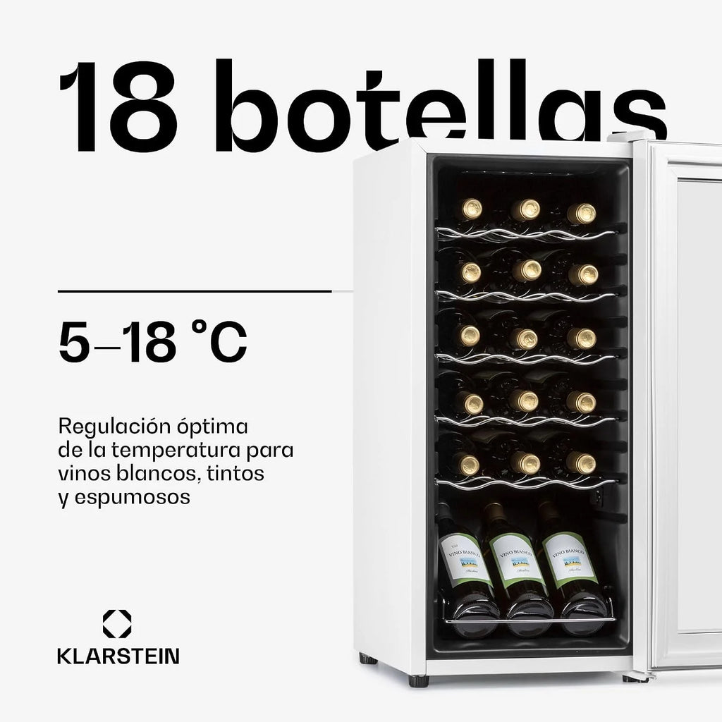 KLARSTEIN Shiraz Vinoteca Blanco – 18 Botellas, 50 L, 1 Zona | Nevera para Vinos de Libre Instalación, Puerta de Cristal, Silenciosa, 5–18 °C, LED, Marco Inox
