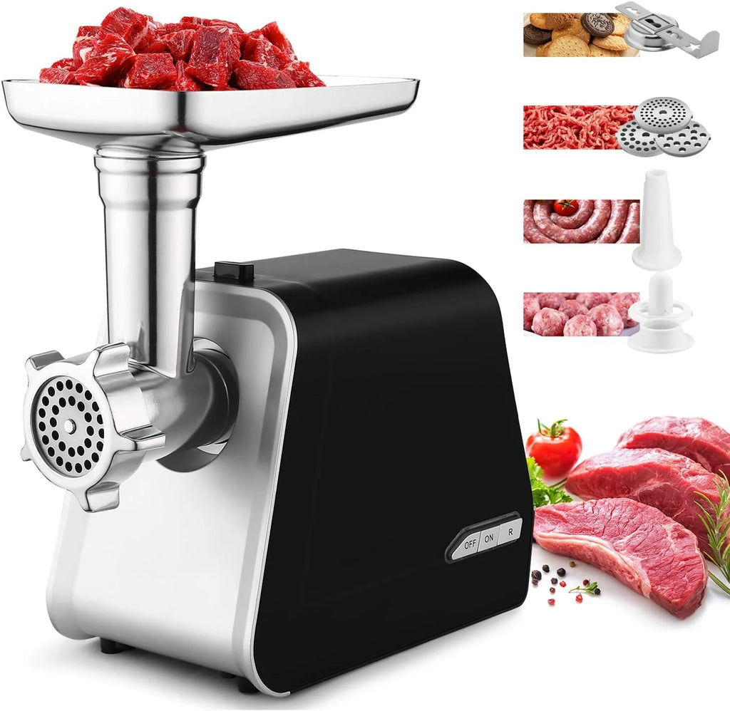 Nictemaw Picadora de carne eléctrica de 2000 W, máquina para salchichas con 3 discos perforados, accesorios para galletas, tubos de relleno de salchichas y accesorios para la cocina doméstica
