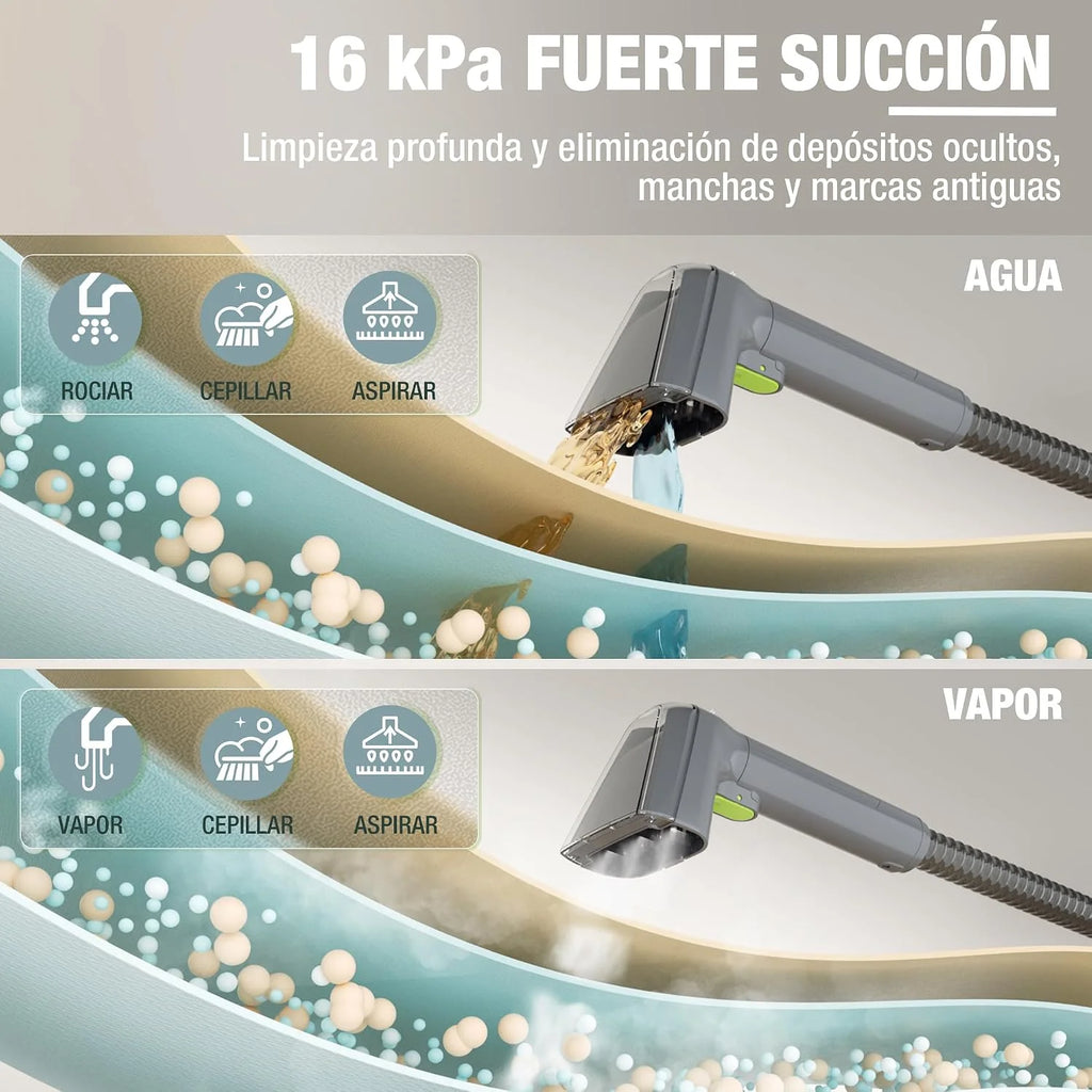WORKPRO Limpiador de Tapicerías y Alfombras a Vapor con Aspirador 4 en 1, Potente Succión 16 kPa, Accesorios para Suciedad de Mascotas, Sofás, Colchones, Cortinas, Asientos de Coche