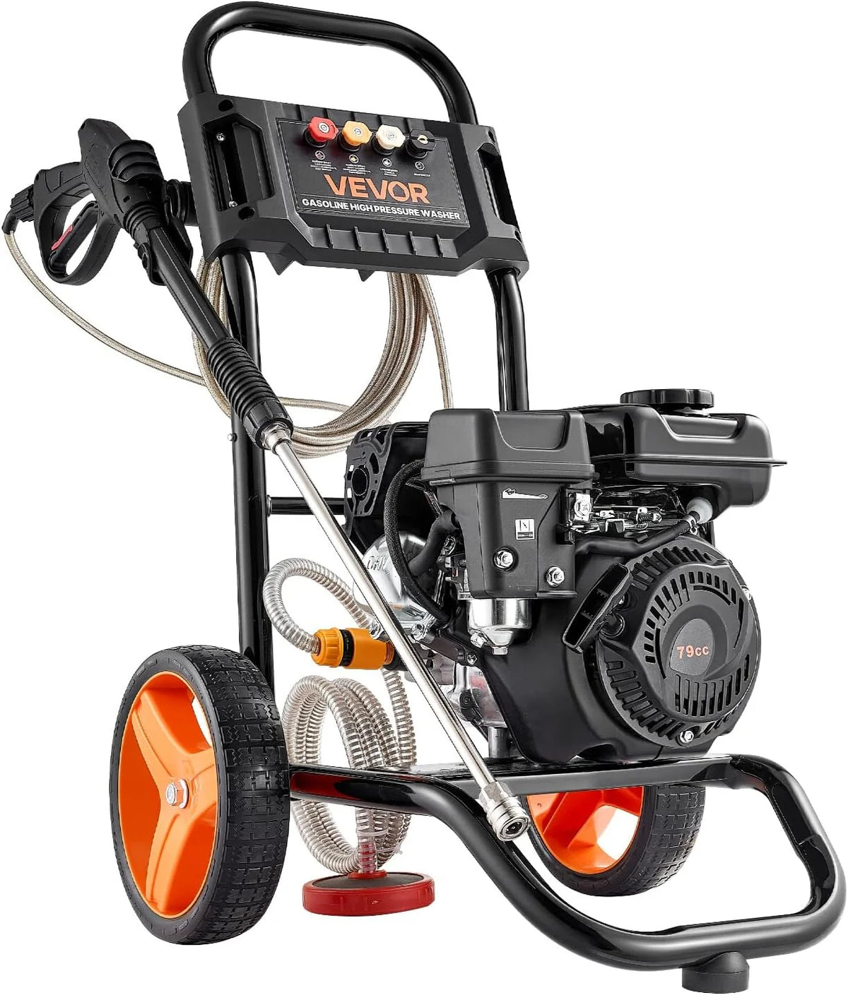VEVOR Hidrolimpiadora de Alta Presión 2900 PSI 7 L/min Lavadora de Gasolina de Alta Presión con Bomba de Aluminio, Manguera de 7,9 m, 4 Boquillas, Ruedas para Coches Azulejos Entradas Ventanas Paredes