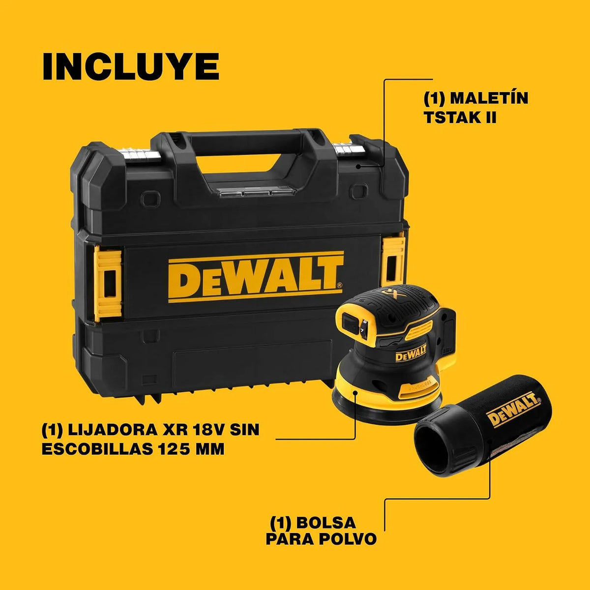 DEWALT DCW210NT-XJ - Lijadora Rotorbital sin Escobillas XR 18 V Diámetro 125 mm Electrónica sin Cargador/Batería con Maletín Tstak II, Negro/Amarillo