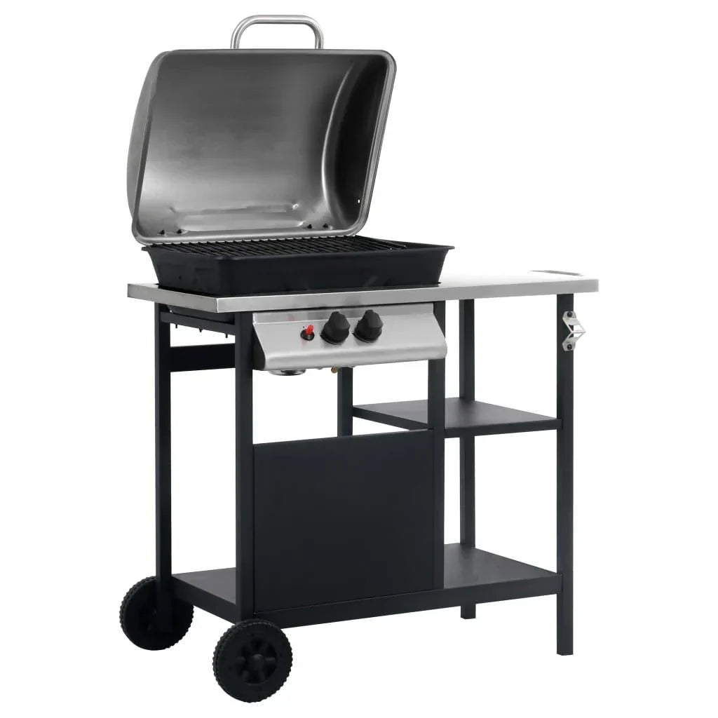 Barbacoa Portátil De Gas Con Mesita 3 Estantes Negro Y Plateado Vidaxl