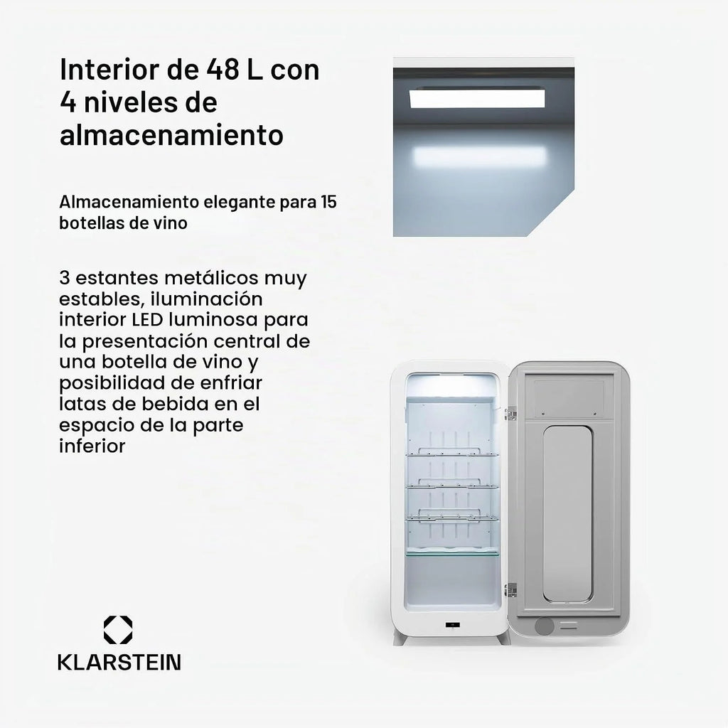Klarstein Vinoteca para Vinos, Nevera Vino Una Zona, Botellas Vino, Proseco y Cervezas, Vinoteca Pequeña Puerta Cristal para Interior y Exterior, Nevera para Vinos Capacidad 15 Botellas