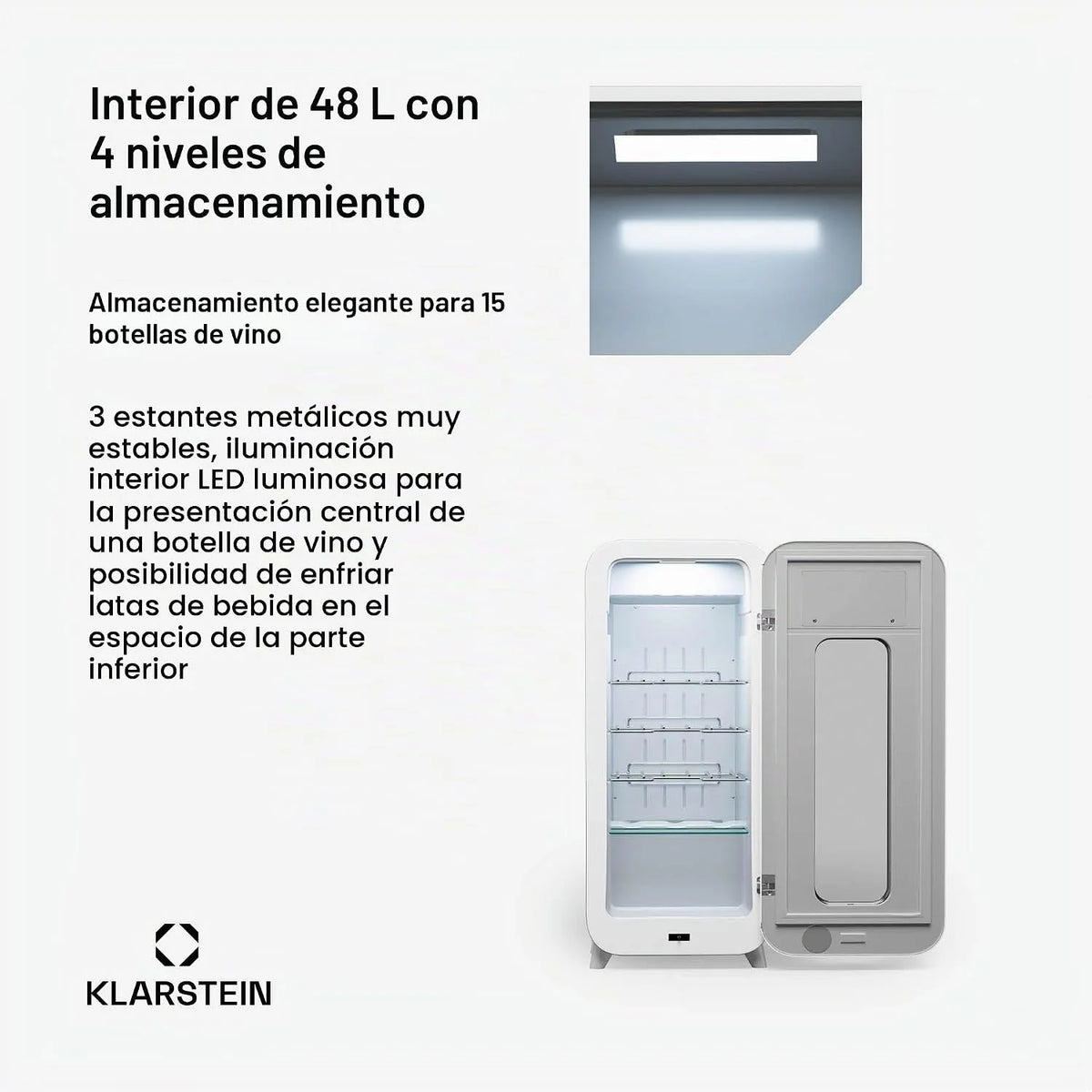 Klarstein Vinoteca para Vinos, Nevera Vino Una Zona, Botellas Vino, Proseco y Cervezas, Vinoteca Pequeña Puerta Cristal para Interior y Exterior, Nevera para Vinos Capacidad 15 Botellas