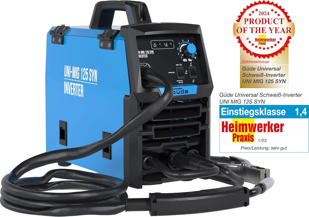 Güde Uni-Mig 125 SYN - Soldadora universal (230 V, 4 en 1, 120 A máx. corriente de soldadura, regulador de 20-120 A, incluye soporte para electrodos, paquete de manguera, abrazadera de tierra