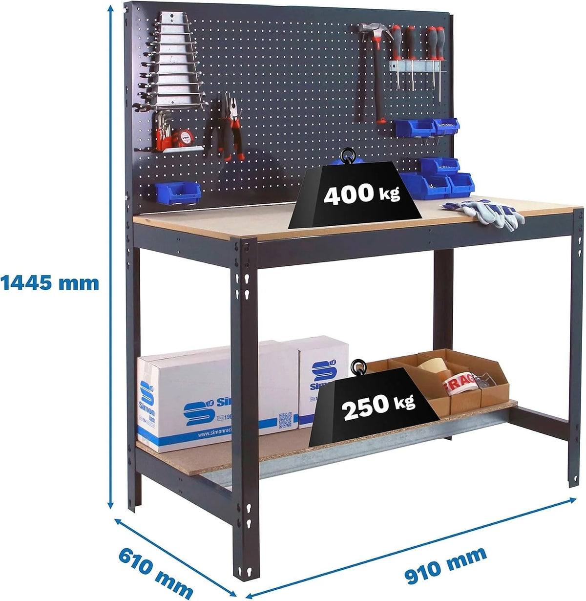 Simon Rack Banco de Trabajo Taller, Capacidad Carga 400 kg, 1445x910x610 mm, Mesa de Trabajo, Antracita/Madera - BT2