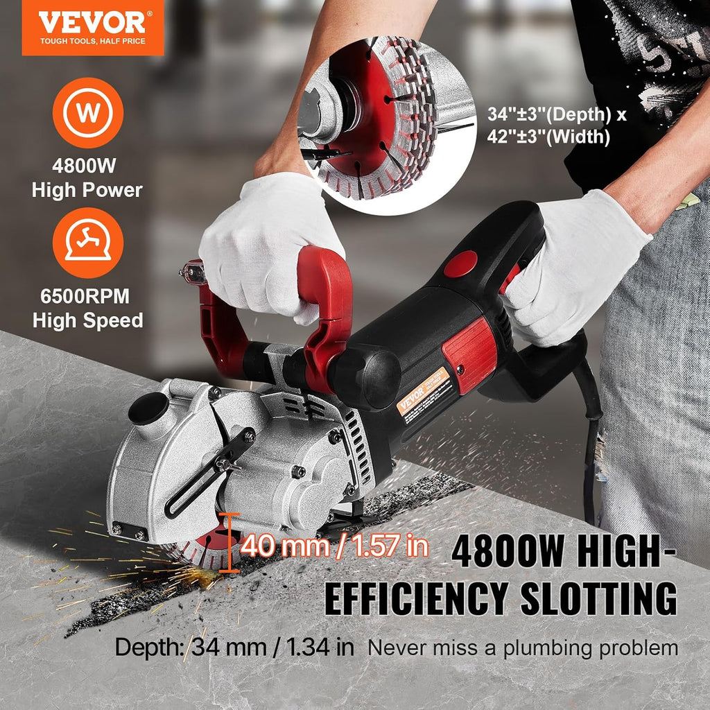 VEVOR Cortadora de Pared Profundidad de Corte de 34 mm, Máquina Cortadora de Pared 2500 W, Ranuradora de Pared Ancho de Corte de 42 mm, con 5 Hojas de Sierra, Diámetro de 160 mm con Rayos Infrarrojos