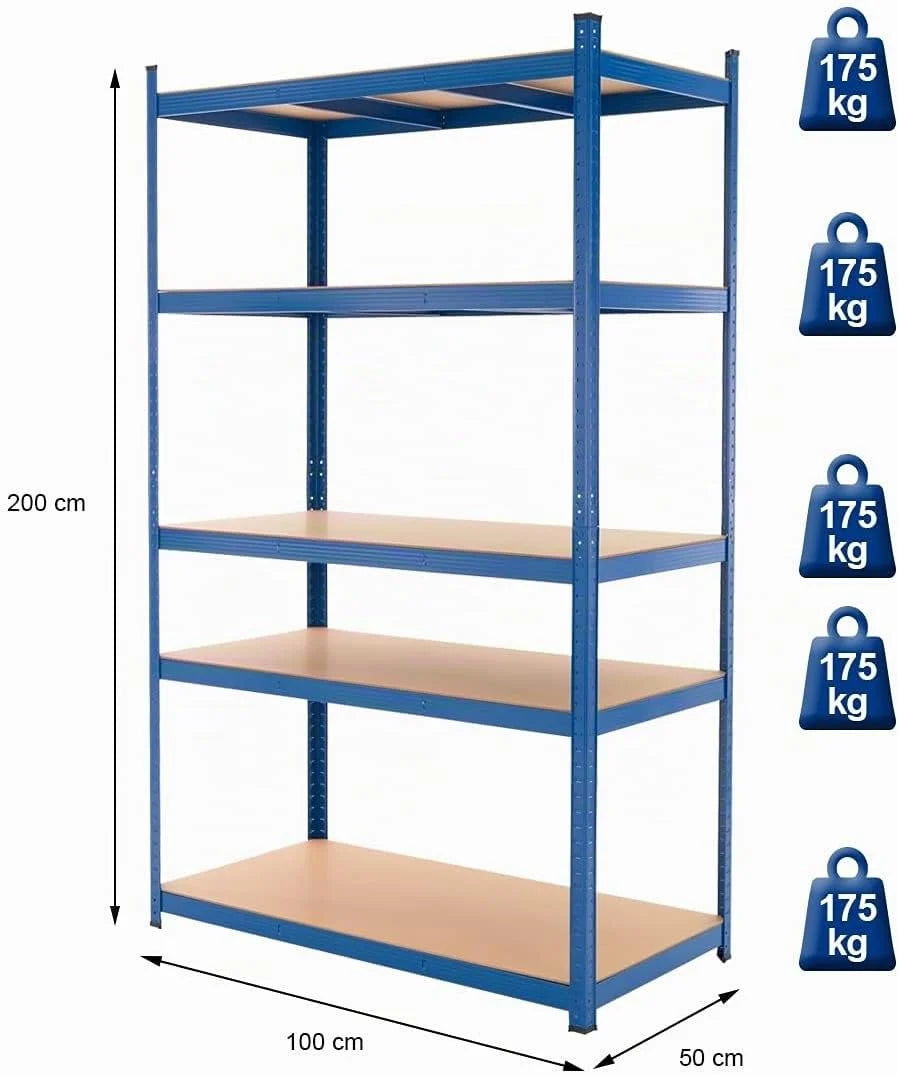ECD Germany Juego De 2 Estanterías Para Cargas Pesadas 200x100x50 cm De Metal Recubierto De Polvo Azul Con 5 Estantes De Madera MDF Cargable Hasta 875kg Montaje Sin Tornillos Banco De Trabajo Taller