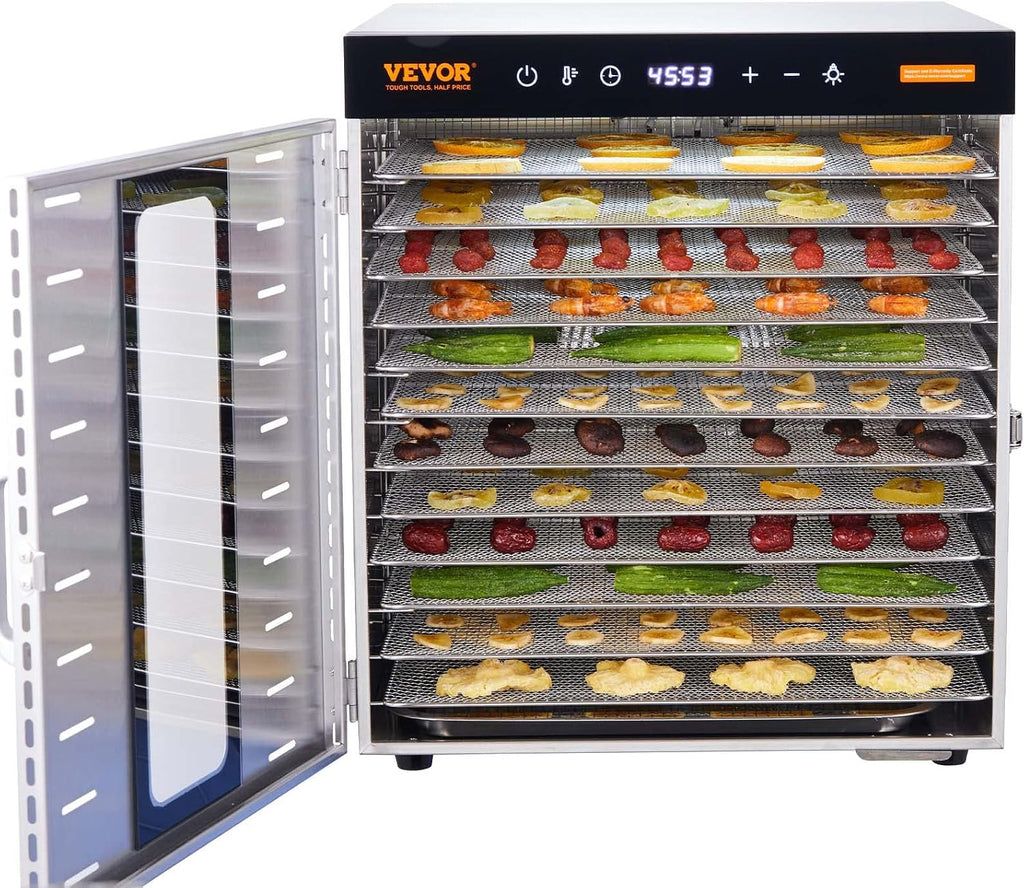 VEVOR Máquina Deshidratadora de Alimentos 10 Bandejas de Acero Inoxidable 1000 W Deshidratador Eléctrico de Frutas y Verduras Temperatura Ajustable 30-90 °C Temporizador 0,5-48 h para Hierbas, Carne