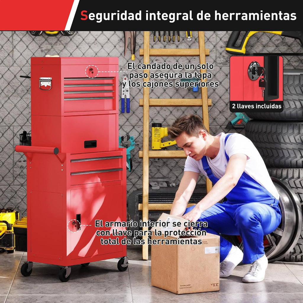 HOMCOM Carro de Herramientas con 6 Cajones y Cerraduras 3 en 1 Rojo