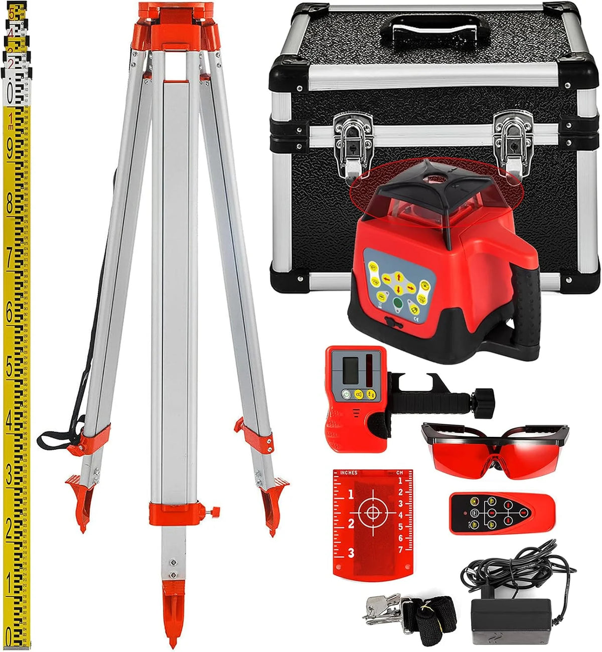 VEVOR Nivel de Láser Rojo Rotatorio Auto-Nivelante 250m, Kit de Trípode y Bastón para Niveles Automáticos 5 m, Trípode de Nivel Plegable para Herramientas Automáticas de Medida y Láseres, ± 5°