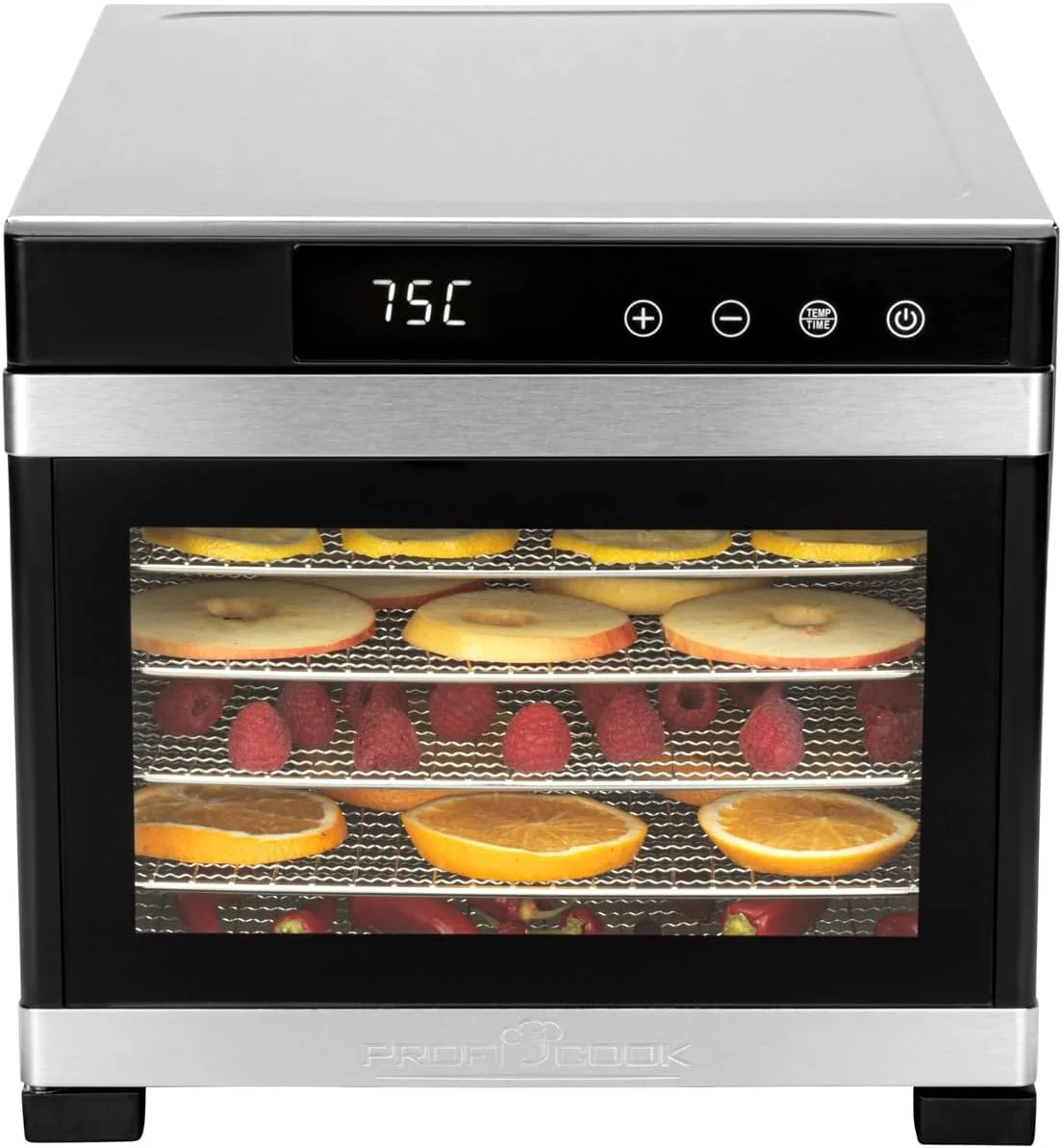 Proficook PC-DR1218 Deshidratador de Alimentos, 6 Bandejas Acero Inoxidable, Temperatura Ajustable 35-75°C, Temporizador 30 min - 24 h, Seca Frutas, Verduras, Carne, Hierbas