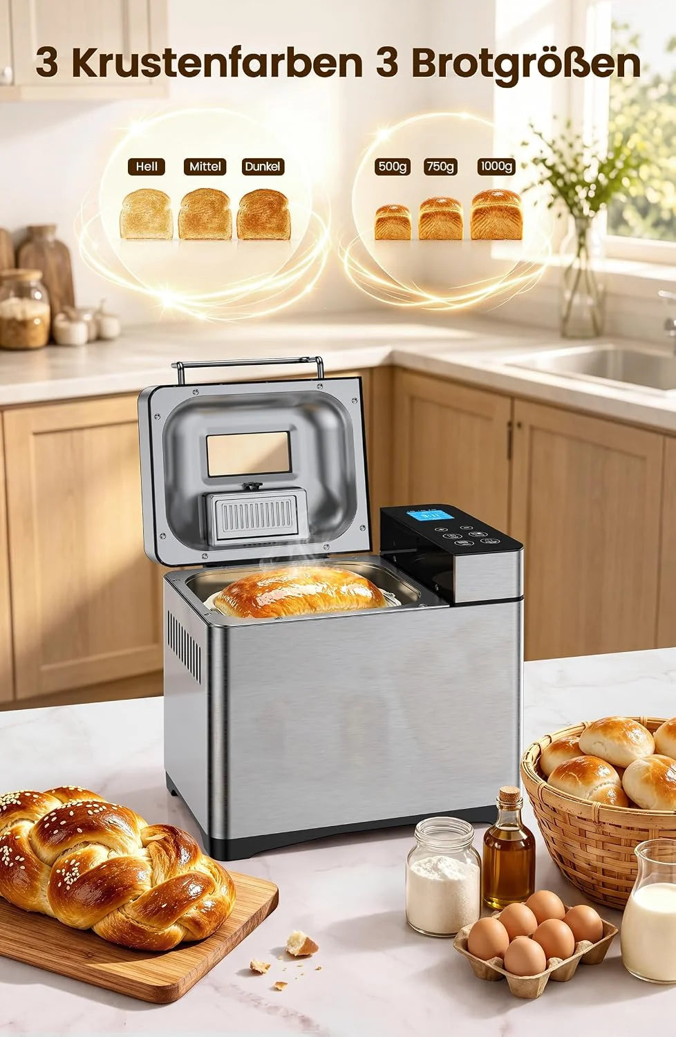 Panificadora de acero inoxidable 2LB 17 en 1 con recipiente para frutas y frutos, molde de cerámica antiadherente y panel táctil digital, 3 tamaños, 3 colores, set de reserva y mantenimiento