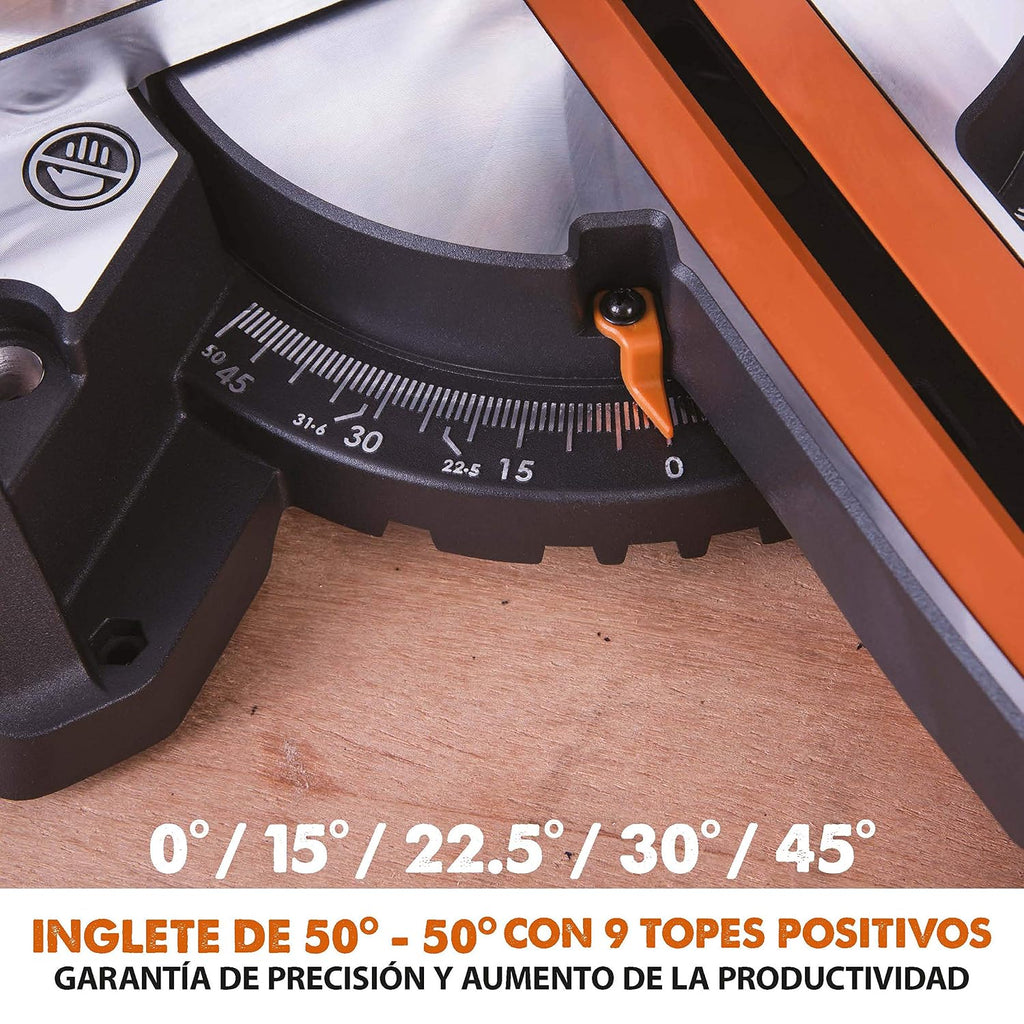 Evolution Power Tools R210SMS+ Ingletadora deslizante multimaterial de 210 mm, con paquete Plus, Corta acero dulce, aluminio, plástico, madera con clavos incrustados, 230 V