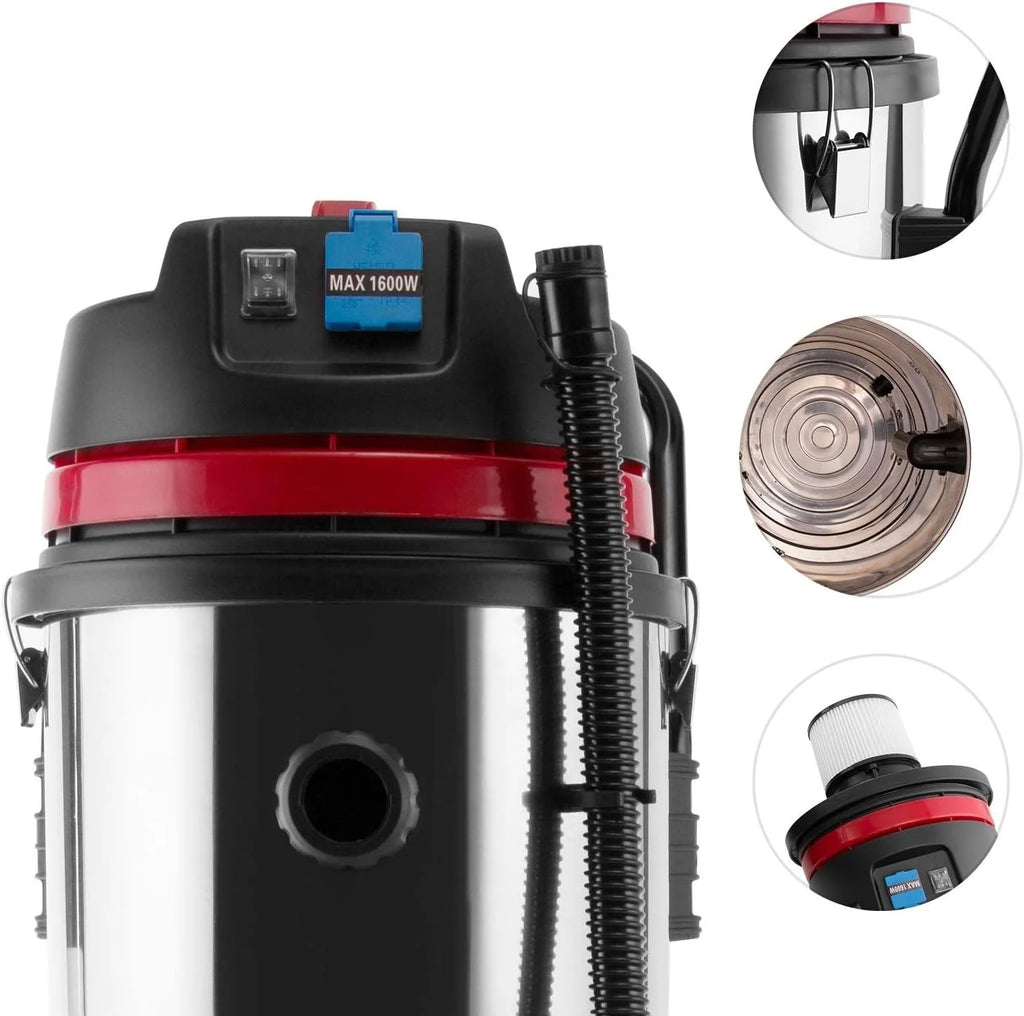 KLARSTEIN Reinraum Aspirador Industrial húmedo/seco, 60 litros, 2000 W, desconexión de protección, Filtro HEPA, Enchufe Integrado, depósito de Acero Inoxidable, IP44, Plata-Rojo