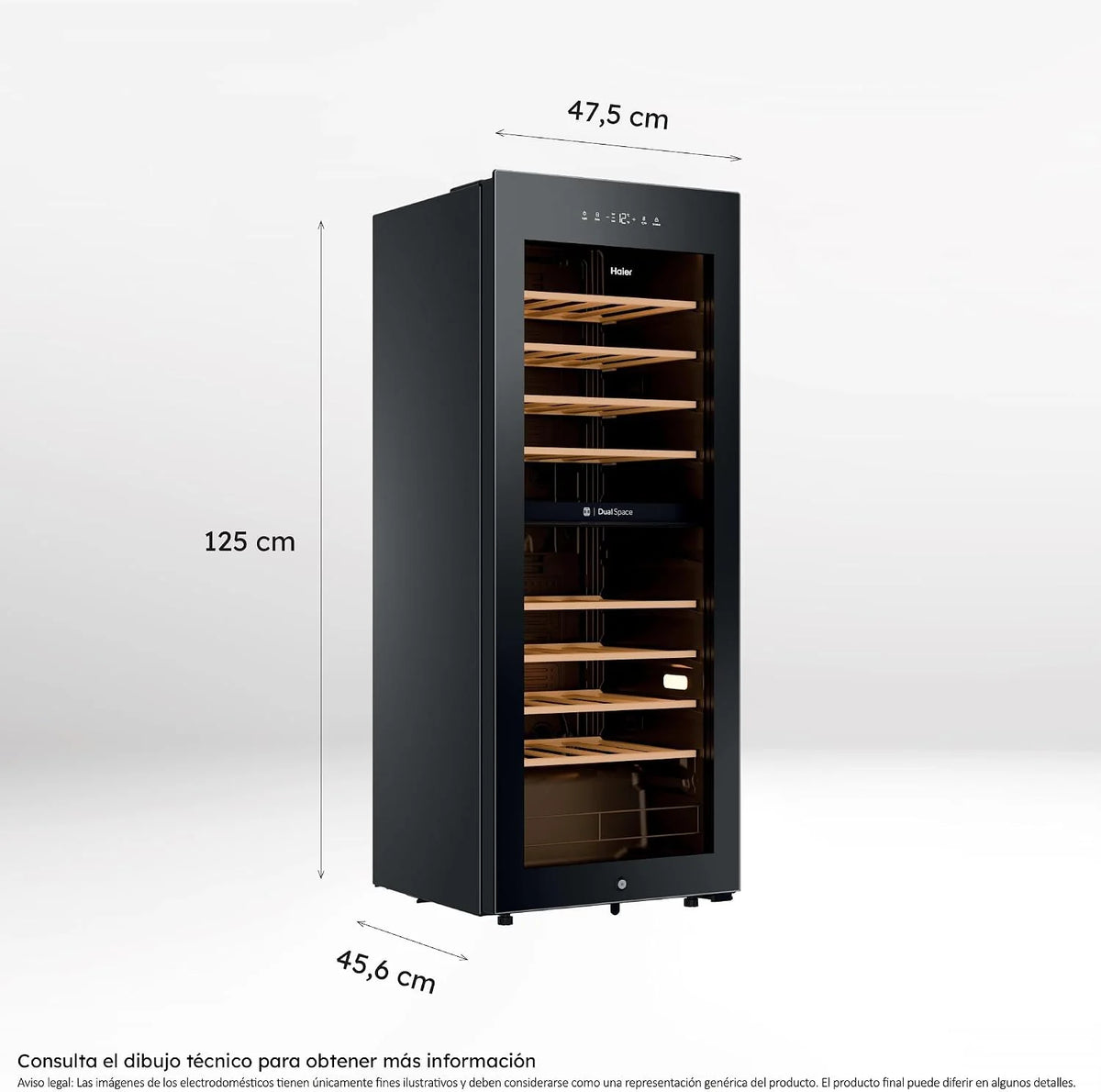 Haier Wine Bank 50 Series 5 HWS56GDG - Vinoteca de 56 botellas, 2 Zonas independientes, Estantes de madera, Filtro Anti-UV, Sistema Antivibración, Display Digital, Iluminación LED, 37 dbA, Negra