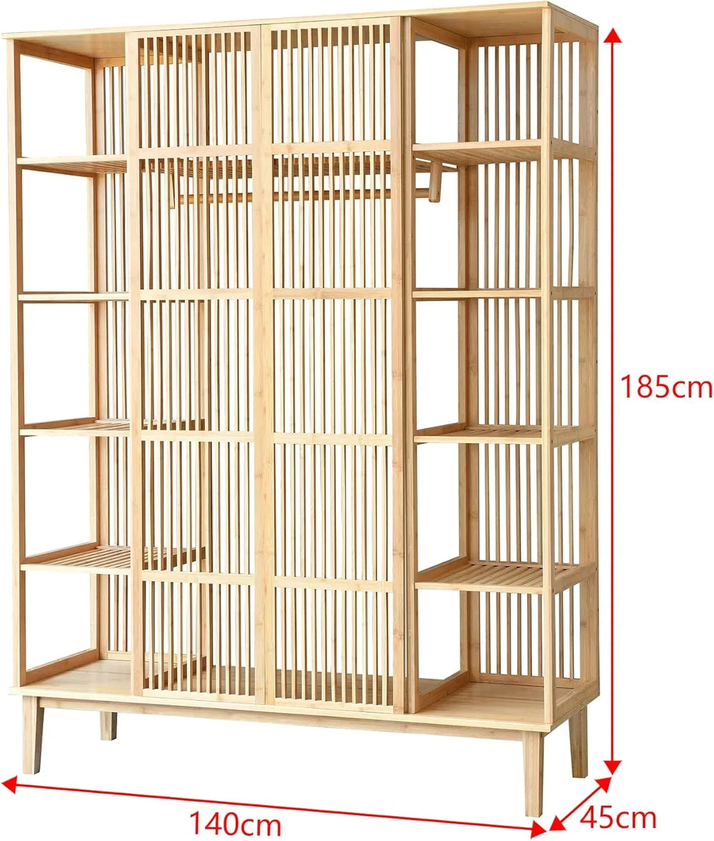 [en.casa] Armario para Ropa con 2 Puertas Deslizantes Clóset con 12 Estantes y 1 Barra de Colgar Perchero de Bambú 185 x 140 x 45 cm Natural